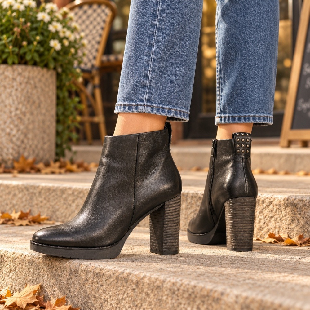 Paul Green Stella Booties Women 10 Black Leather Studded Block Heel NWOT